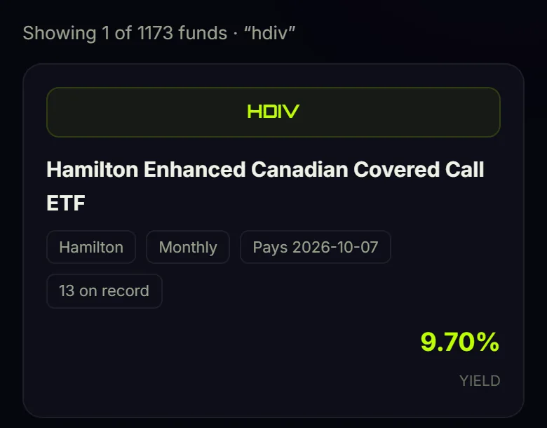 IncomeRPG’s free ETF Explorer showing the HDIV fund card with its payout schedule