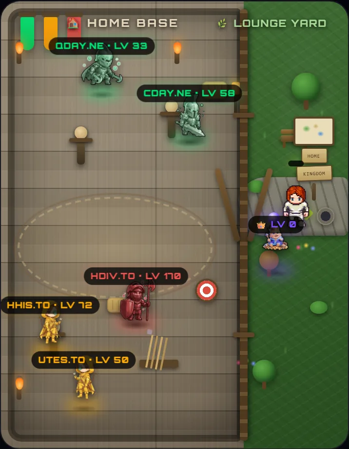 IncomeRPG’s Home Base: the player’s hero and five fund creatures in a pixel-art yard