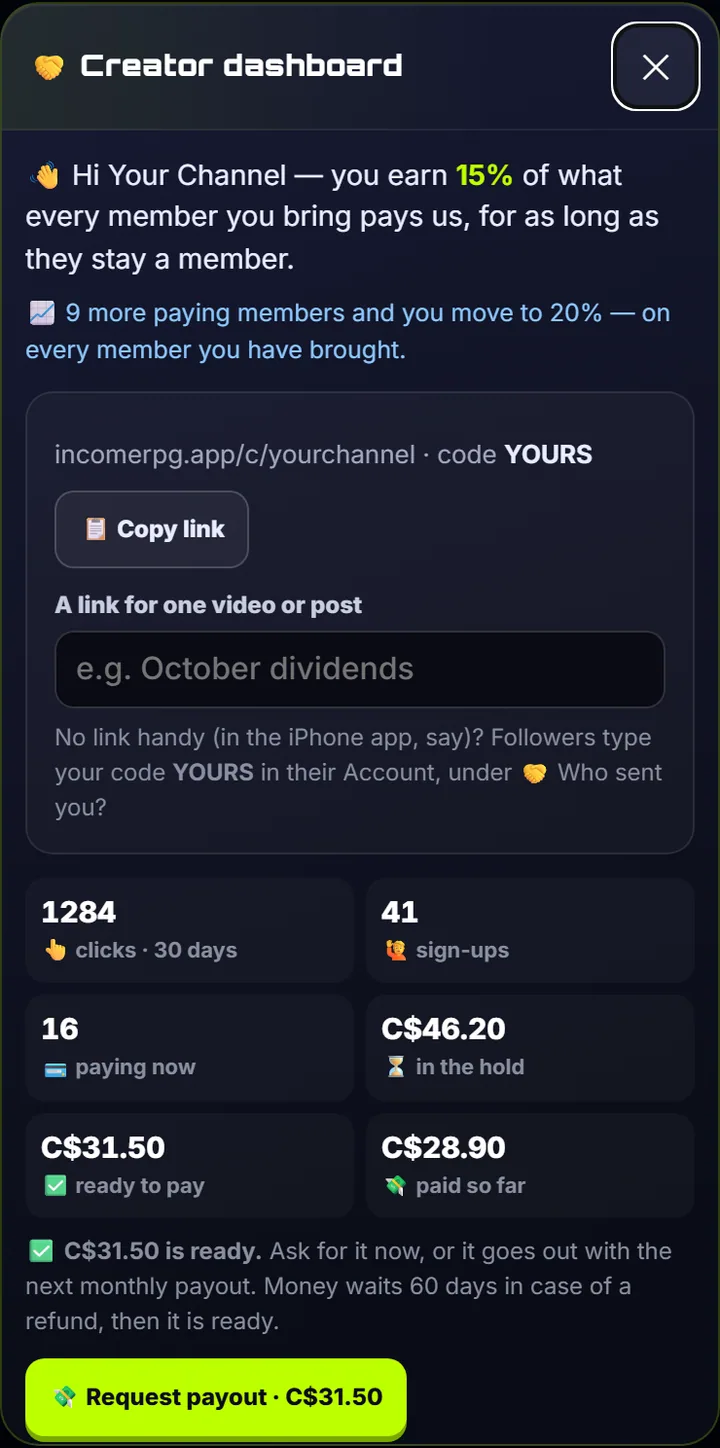 A creator's dashboard showing clicks, sign-ups, paying members and earnings